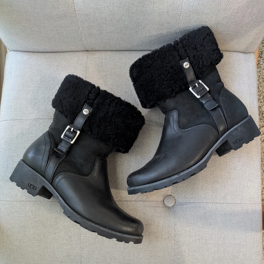 UGG Australia Bellevue 2 Ankle Boots Black leather Sheepskin Lining Boots Sz 7